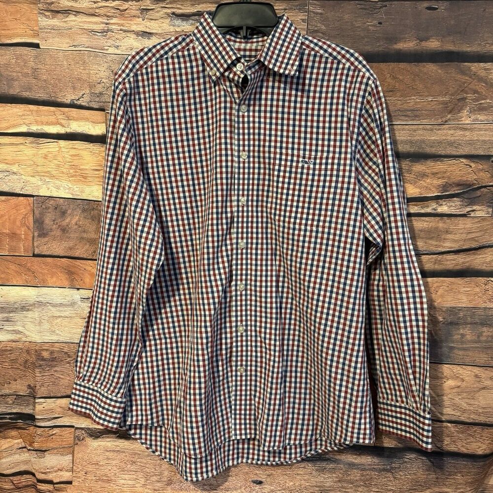 Vineyard Vines Slim Fit Tucker Shirt Mens L Red Blue Gingham Plaid Flaw Read